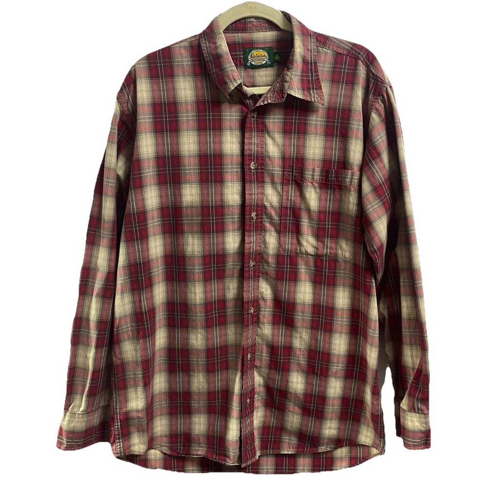 Cabelas Outfitter Men Plaid Button Up Long Sleveve Dress Shirt Red/Tan Sz.M Tall